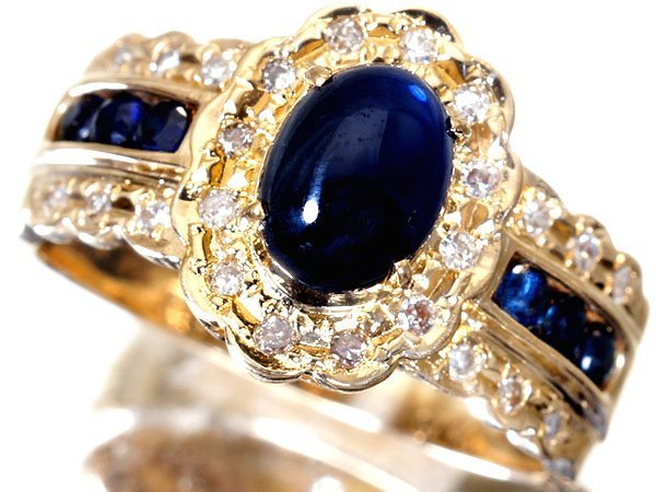1円～【ジュエリー極】濃厚ブルー！カボション良質天然ブルーサファイア1.60ct＆ダイヤモンド0.15ct 高級K18YGリング t3324om【送料無料】