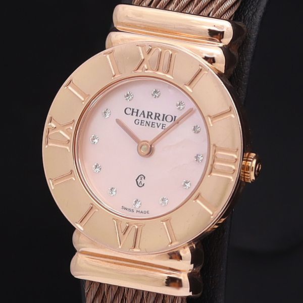1円 稼働 良品 シャリオール QZ 028RP サントロペ ピンクシェル文字盤 石付 ラウンド レディース腕時計 0026400SMD