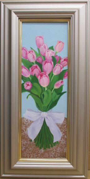 夢画廊 額縁付油彩画 WSM 千賀節子 チューリップのブーケ 画歴書付