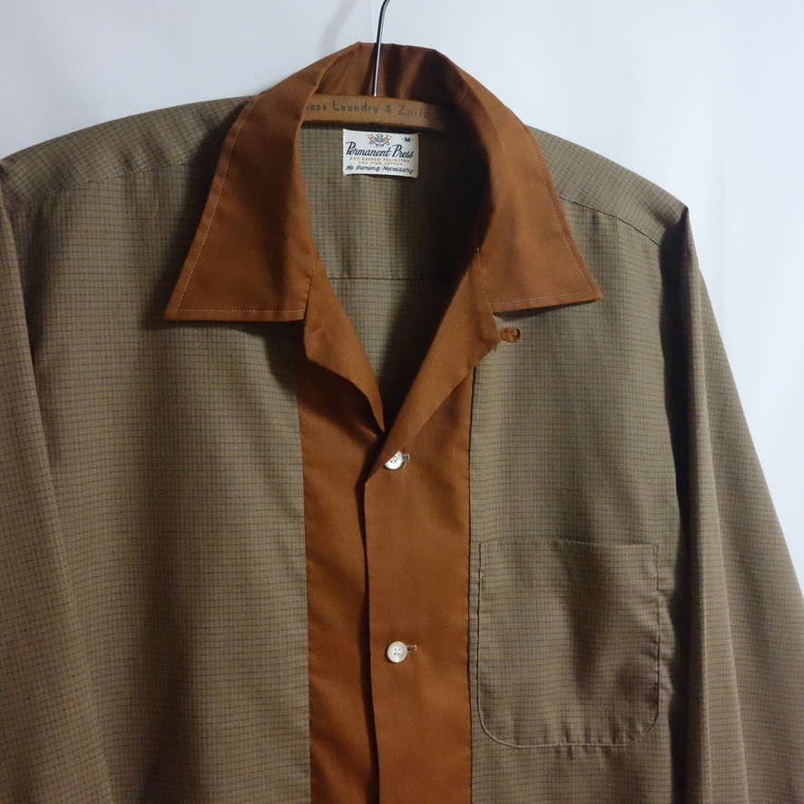 【60's Permanent Press ループカラーシャツ M】切替 50's ロカビリシャツー ビンテージ オープンカラー ボックス パーマネントプレス