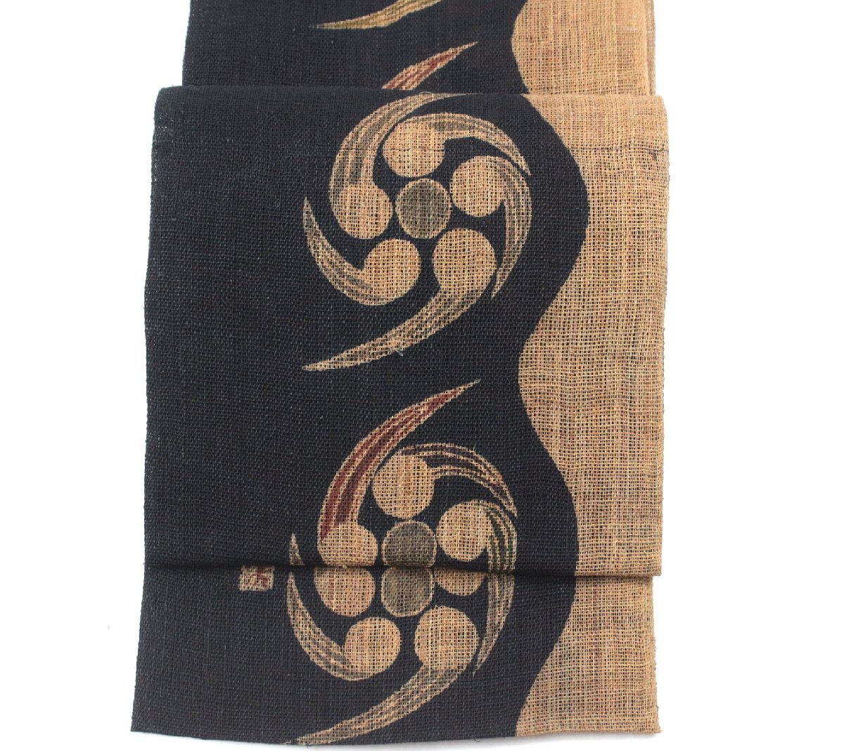 絶滅危惧織物《原始布》八寸名古屋帯　「丸に五つ巴紋」　e8-5