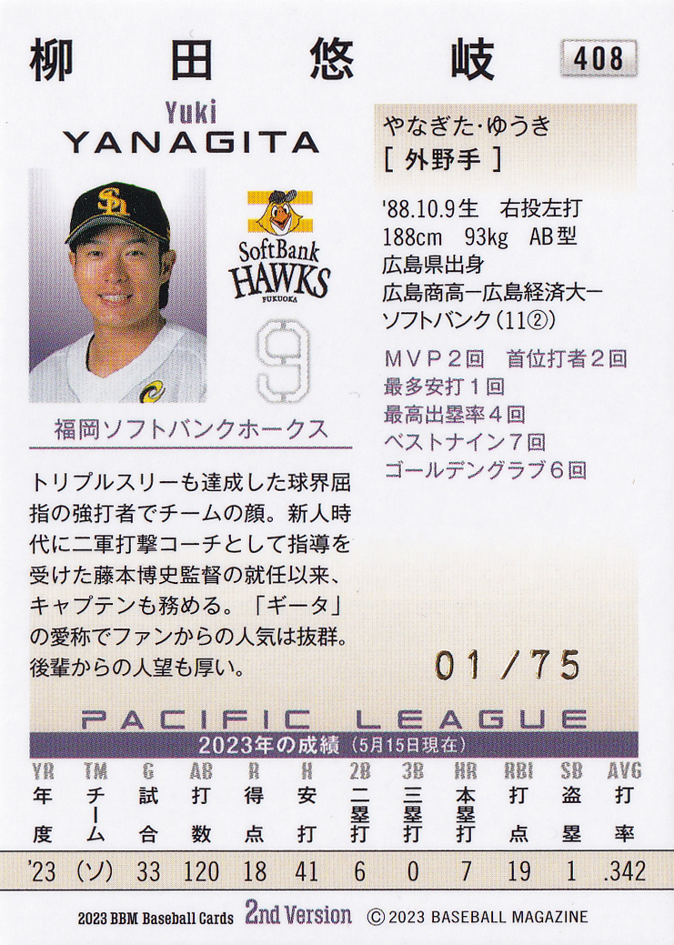柳田悠岐/75枚限定 2023 BBM ベースボールカード 2nd 福岡ソフトバンク