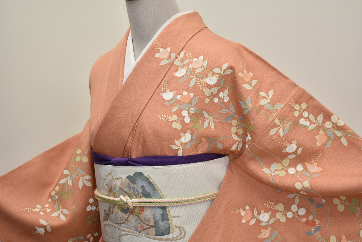 ちどりや】美品 正絹 訪問着 単衣 広衿 身丈162.5cm/裄65cm L寸 背伏せ 