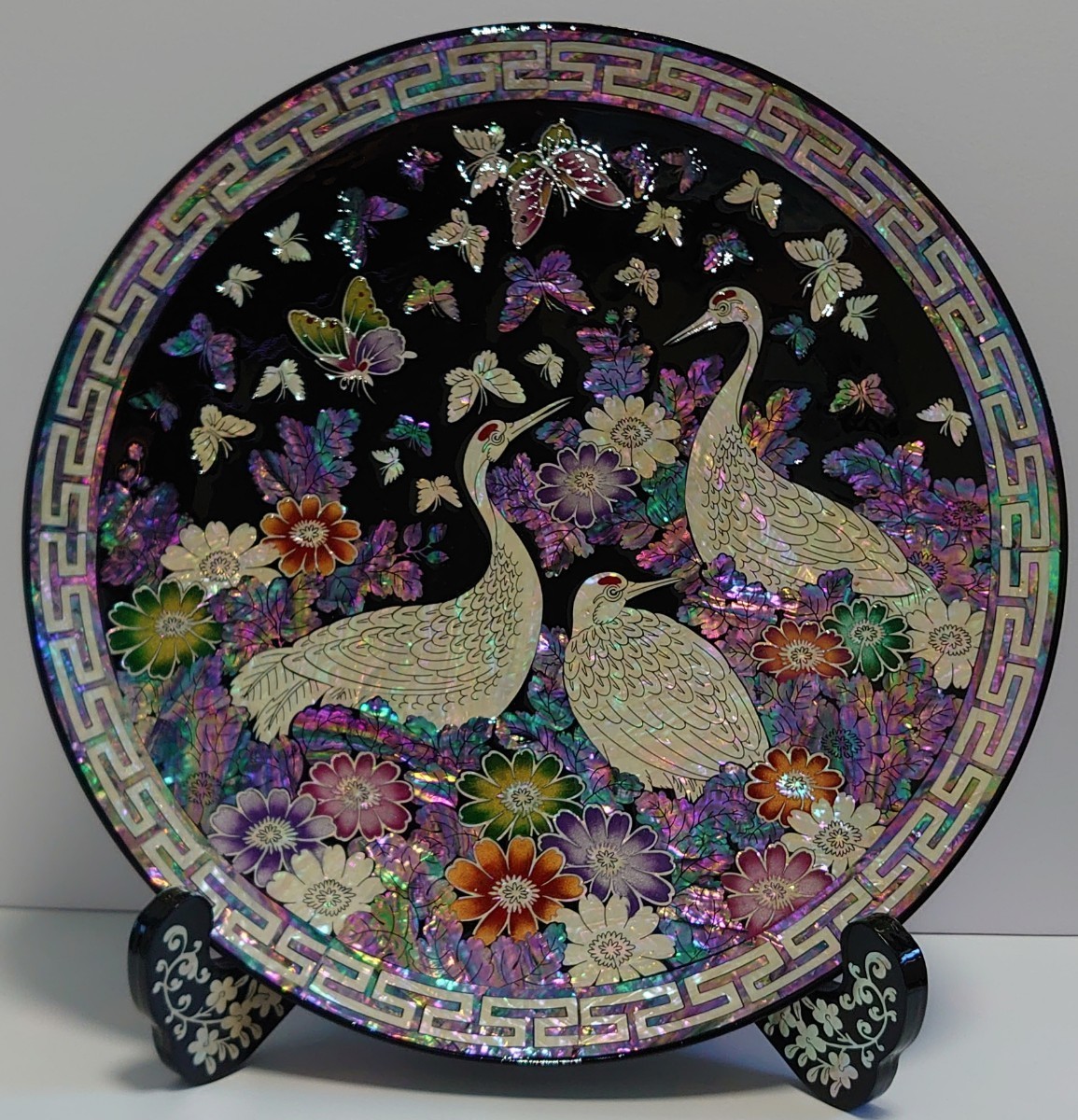 高級 飾り皿 飾皿 螺鈿(らでん) 細工 韓国 漆器 鶴 蝶 花鳥 貝 漆芸 黒