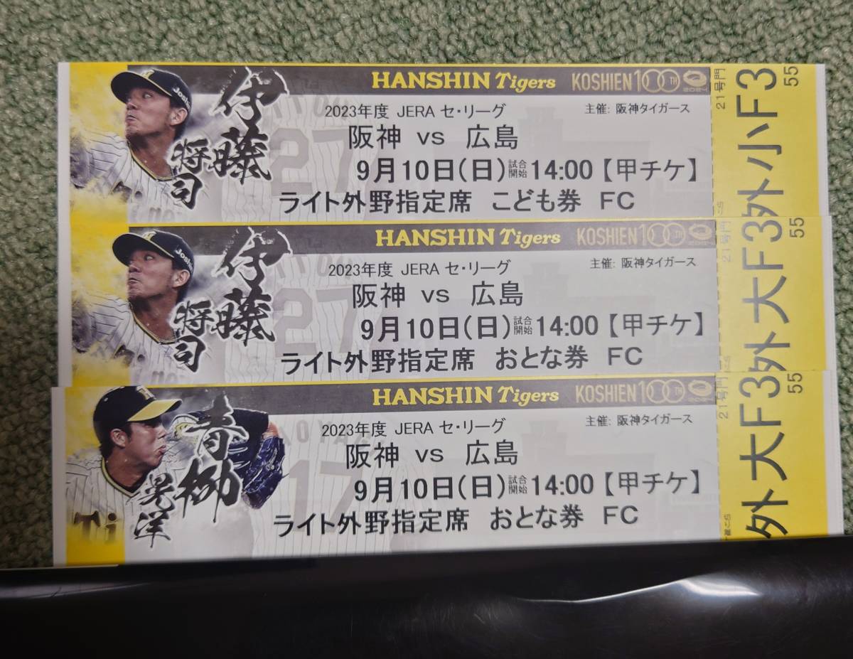 9月10日（日） 阪神タイガースVS広島カープ ライト外野席 大人2枚 子供