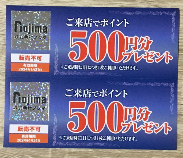 ノジマ株主優待券 来店ポイント 6000円分(500円分プレゼント券×12枚)