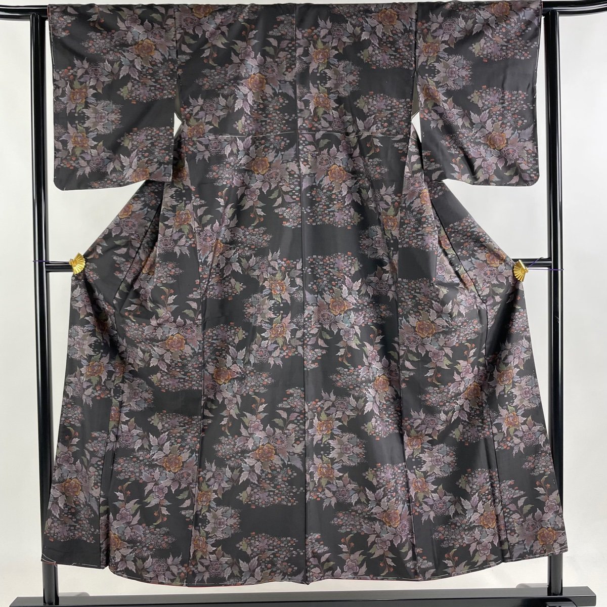 紬 身丈152cm 裄丈64cm M 袷 枝花 草花 墨色 正絹 美品 秀品 【中古】