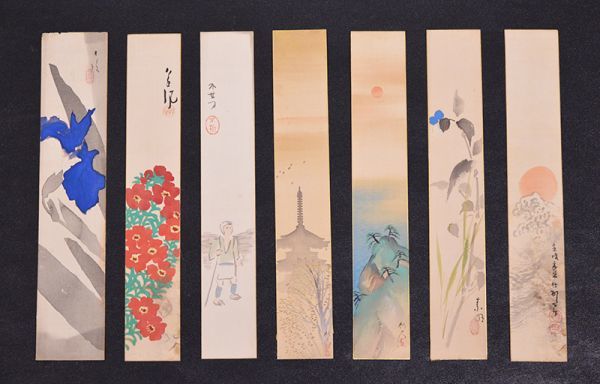 瓢】真作 「絵短冊7枚まとめて」 石崎光瑶 長野草風 中村