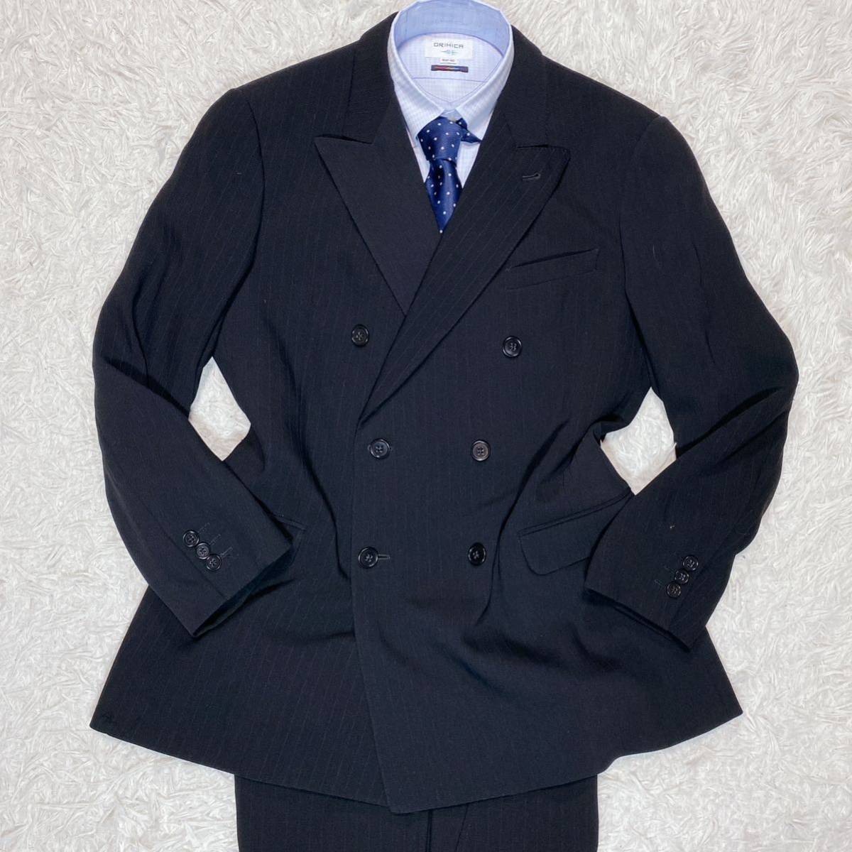 1円 アルマーニ コレッツォーニ ARMANI COLLEZIONI 『最高級の風格』大きいサイズ ダブル スーツ セットアップ 総裏 ストライプ メンズ 52