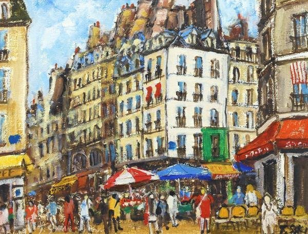 真作】【WISH】関拓司「サンジェルマン風景」紙に油彩 6号 ◇パリ街角逸品