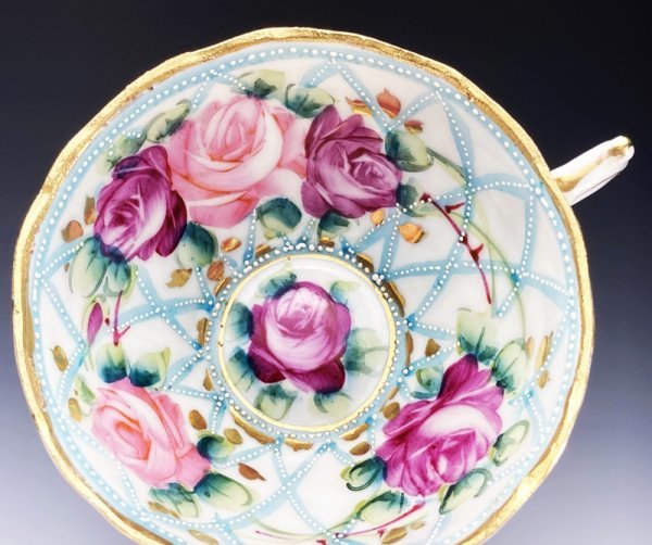 【美品】オールドニッポン アールヌーボー 薔薇紋 金盛り 花瓶 里帰り オールドニッポン 金彩 盛上 青リボン 薔薇装飾紋 キャビネット