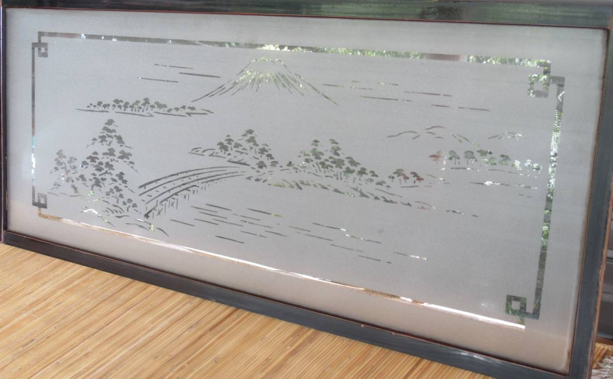 大正浪漫『すりガラス欄間②「富士に松原の図」(80×34㎝)』昭和レトロ