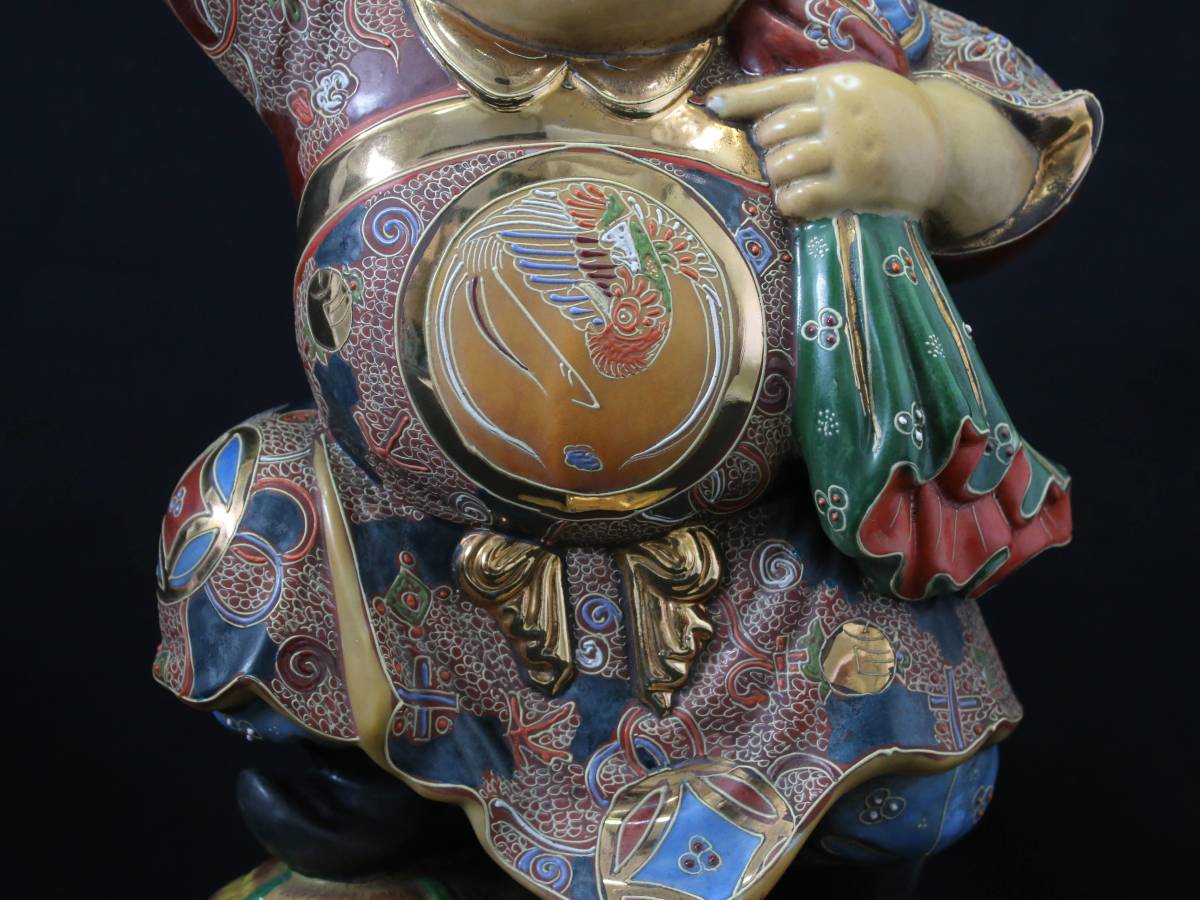 AZ-734 時代 九谷焼 特大 約57.5cm 大黒天 色柄 金彩 金襴 細密 大黒