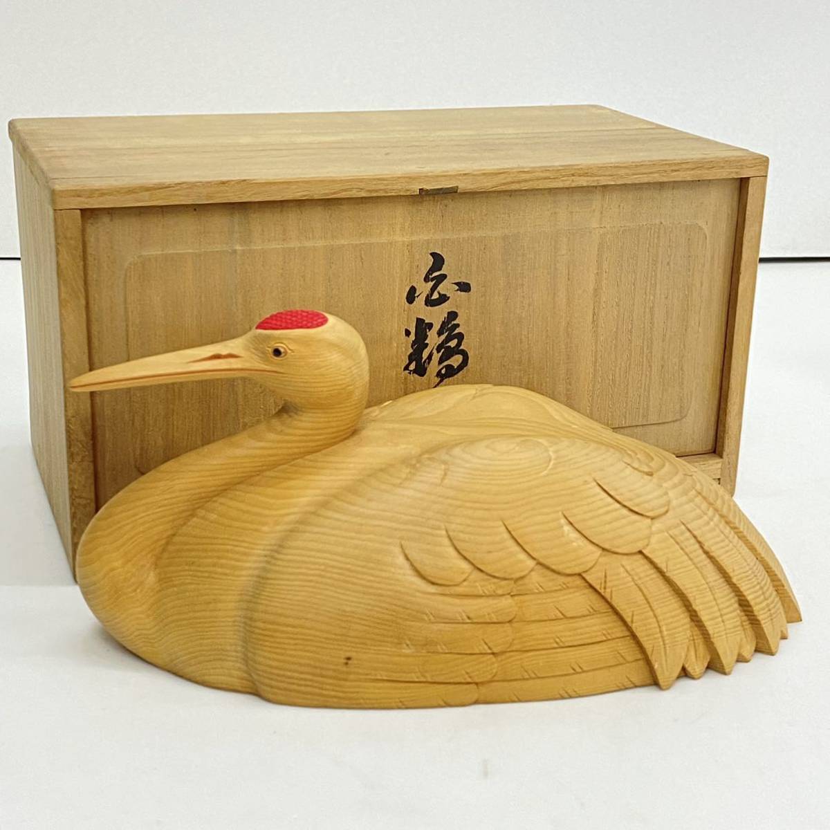 711 美品 川原啓秀作 木彫 鶴 置物 彫刻 木製 美術品 工芸品 共
