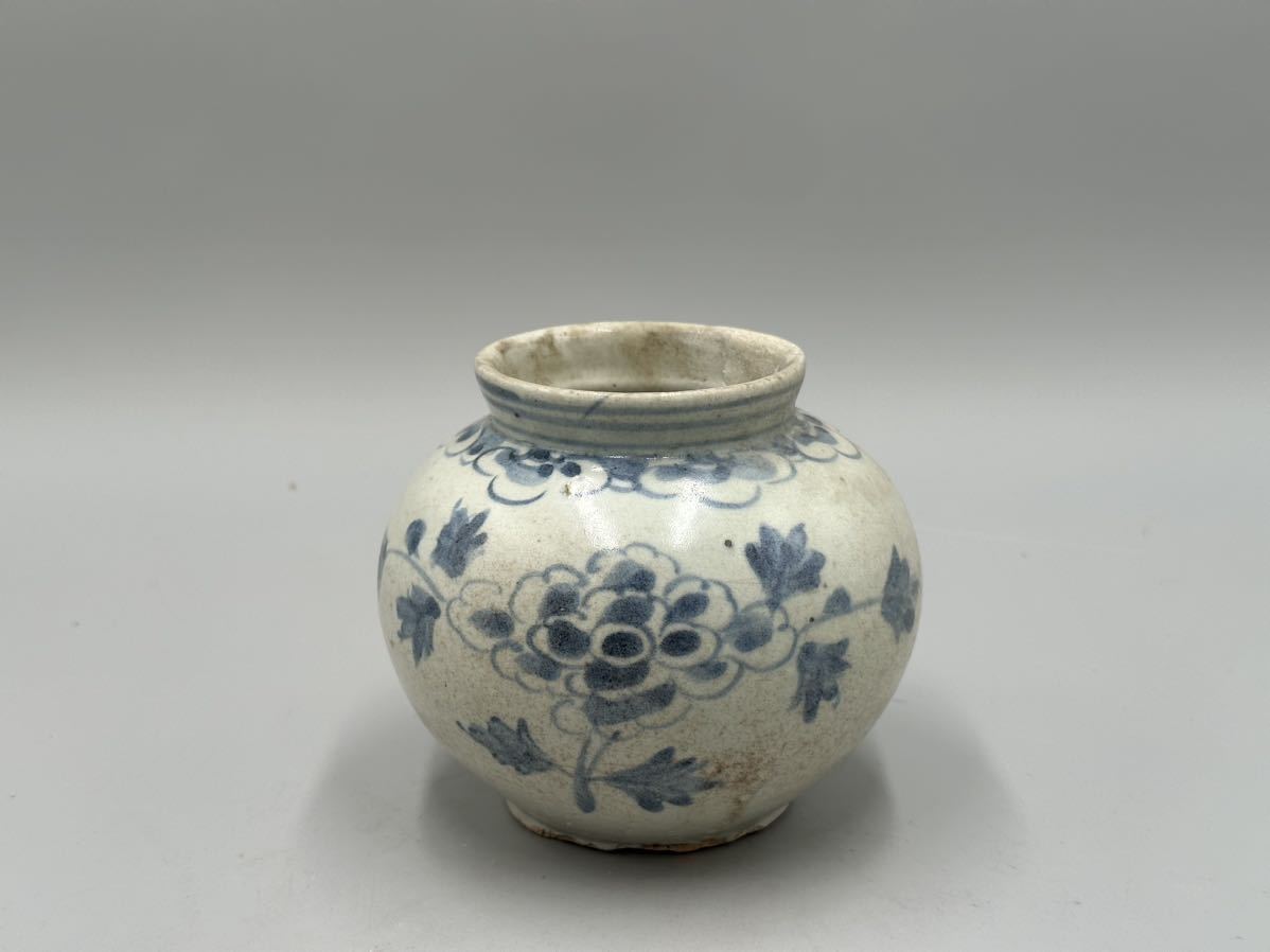 朝鮮美術 李朝 染付小壺 約10cm 青花 花瓶 白磁 高麗 秋草 古玩 23.9