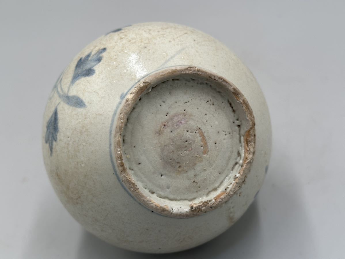 朝鮮美術 李朝 染付小壺 約10cm 青花 花瓶 白磁 高麗 秋草 古玩 23.9