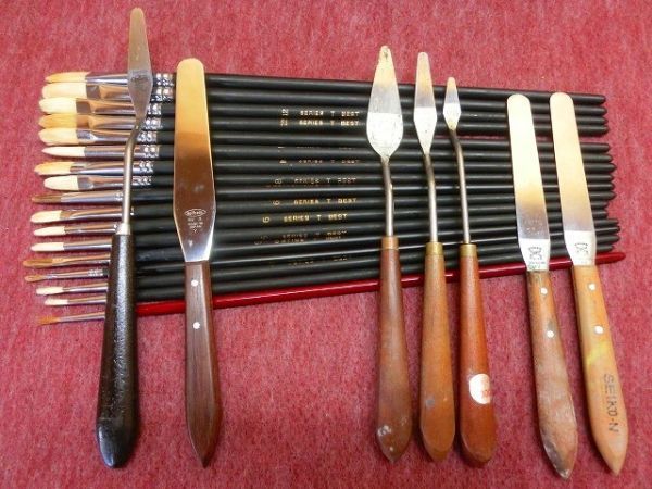 3AへS 未使用品あり 油絵 道具 セット クサカベ KUSAKABE ペインティングナイフ 絵の具 パレット 筆 木箱入 大量 まとめ売り