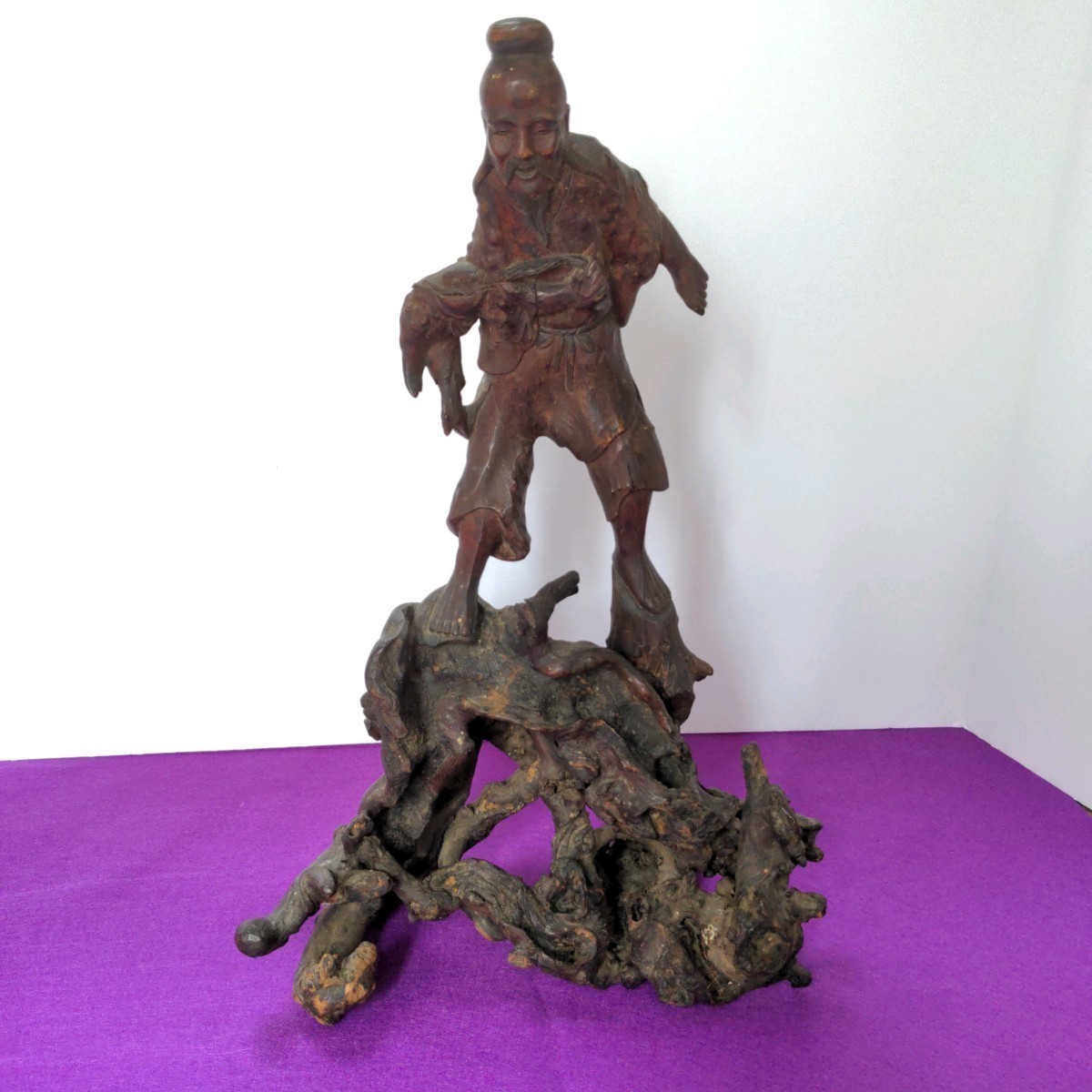 中国 時代 唐物 漁翁 置物 木彫り 置物 インテリア 木彫 漁師 老人 翁