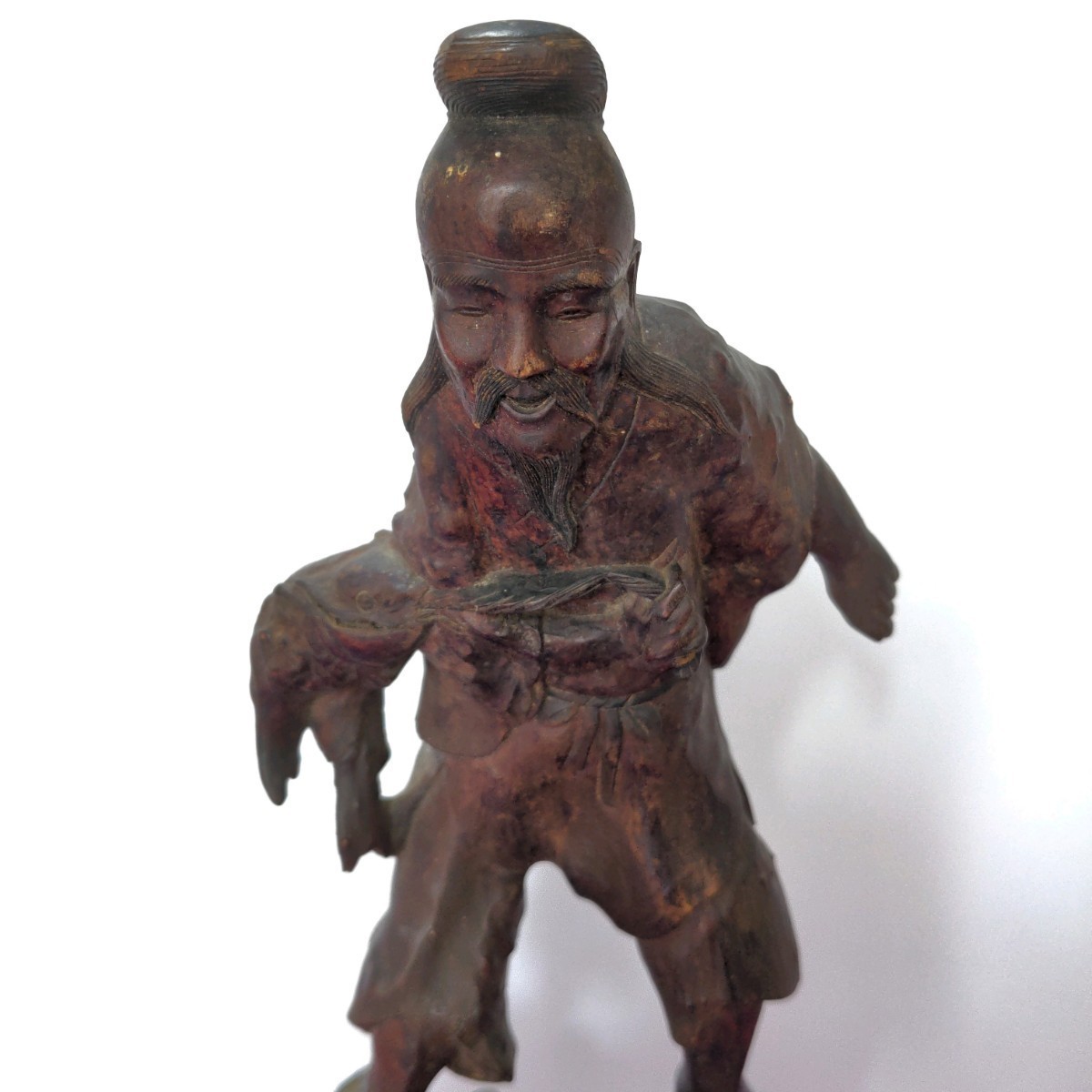 中国 時代 唐物 漁翁 置物 木彫り 置物 インテリア 木彫 漁師 老人 翁