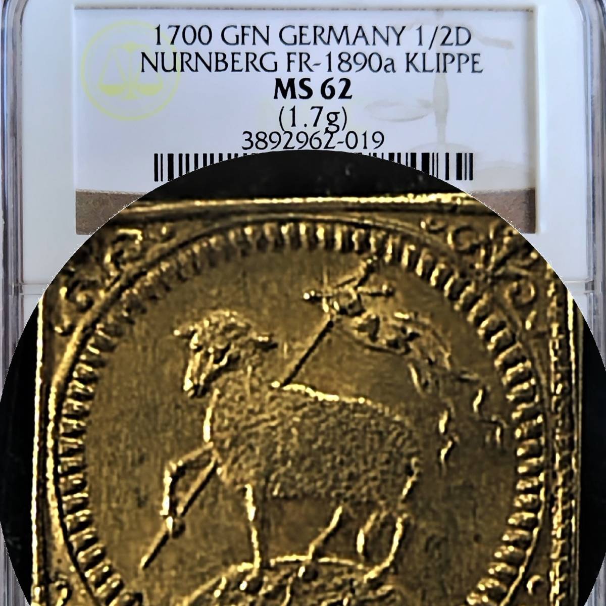 NGC MS64 ドイツ ニュルンベルク 1/16ダカット金貨 1700年