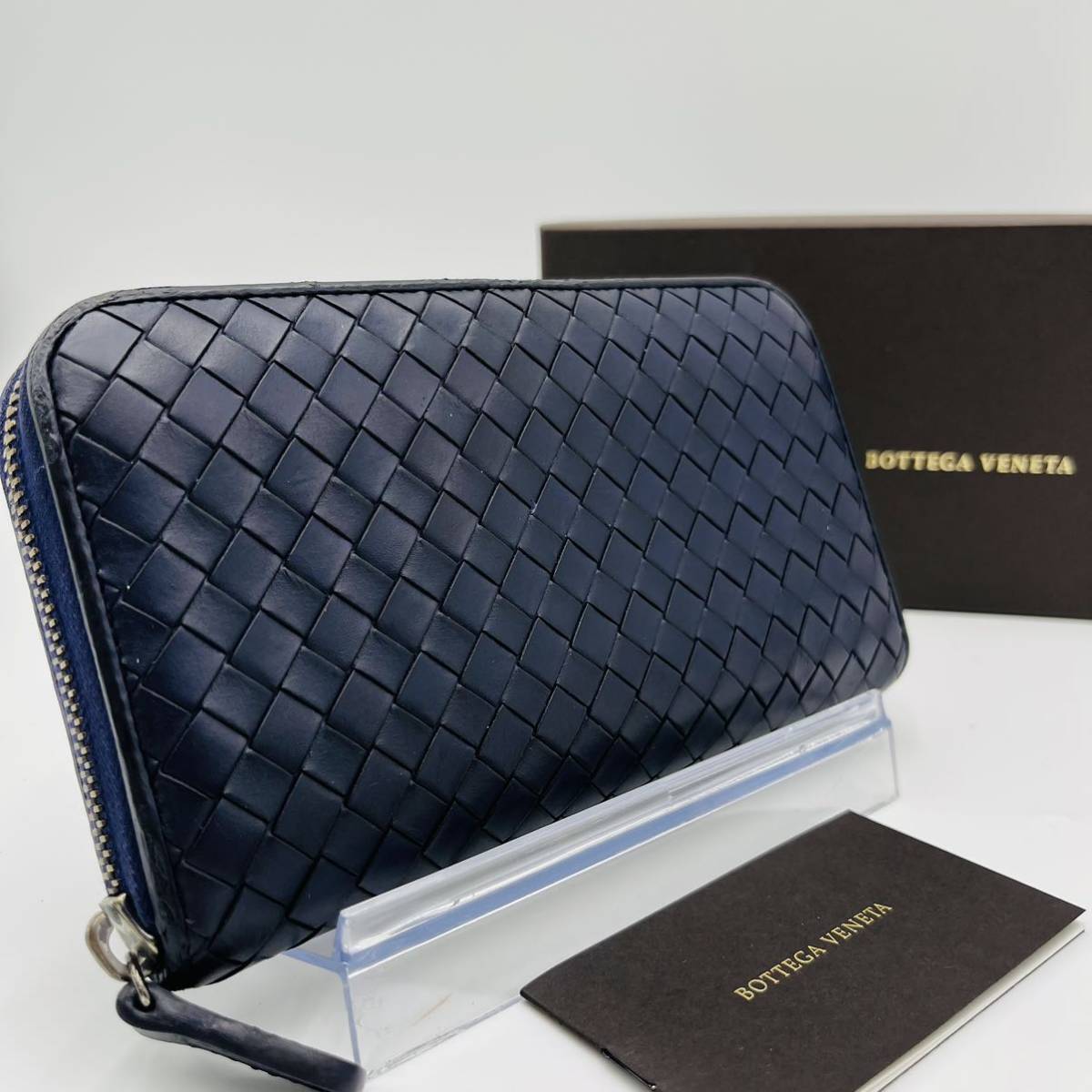 1円《稀少カラー》BOTTEGA VENETA ボッテガヴェネタ 長財布 イントレチャート 編み込み ラウンドファスナー レザー ダークネイビー メンズ