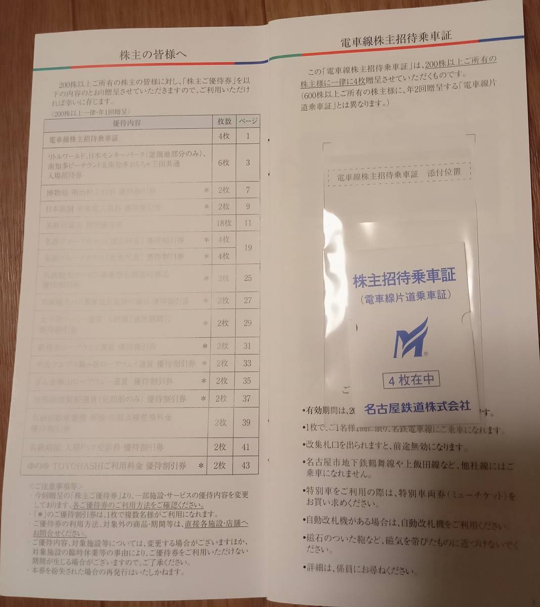 送料無料☆ 名鉄株主優待券一冊（株主招待乗車証含む）有効期限2024年7月15日