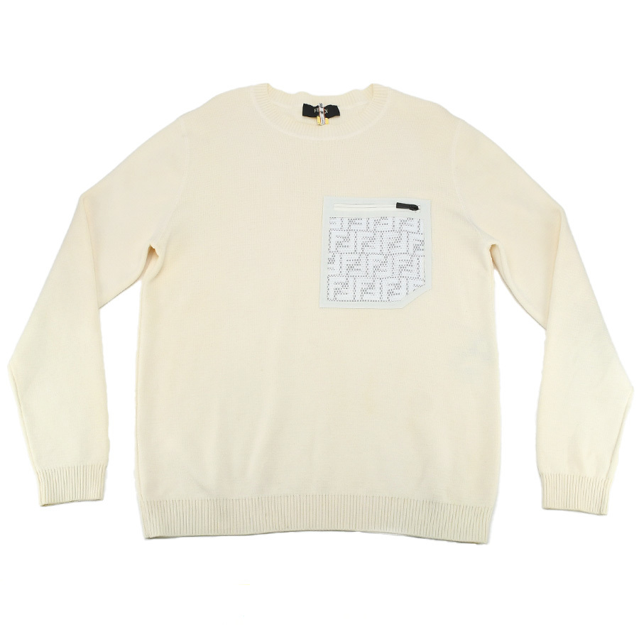 フェンディ FENDI ニット セーター FFロゴ ポケット メッシュ加工 FAE536 ホワイト 白 ウール #52 メンズ アパレル 中古