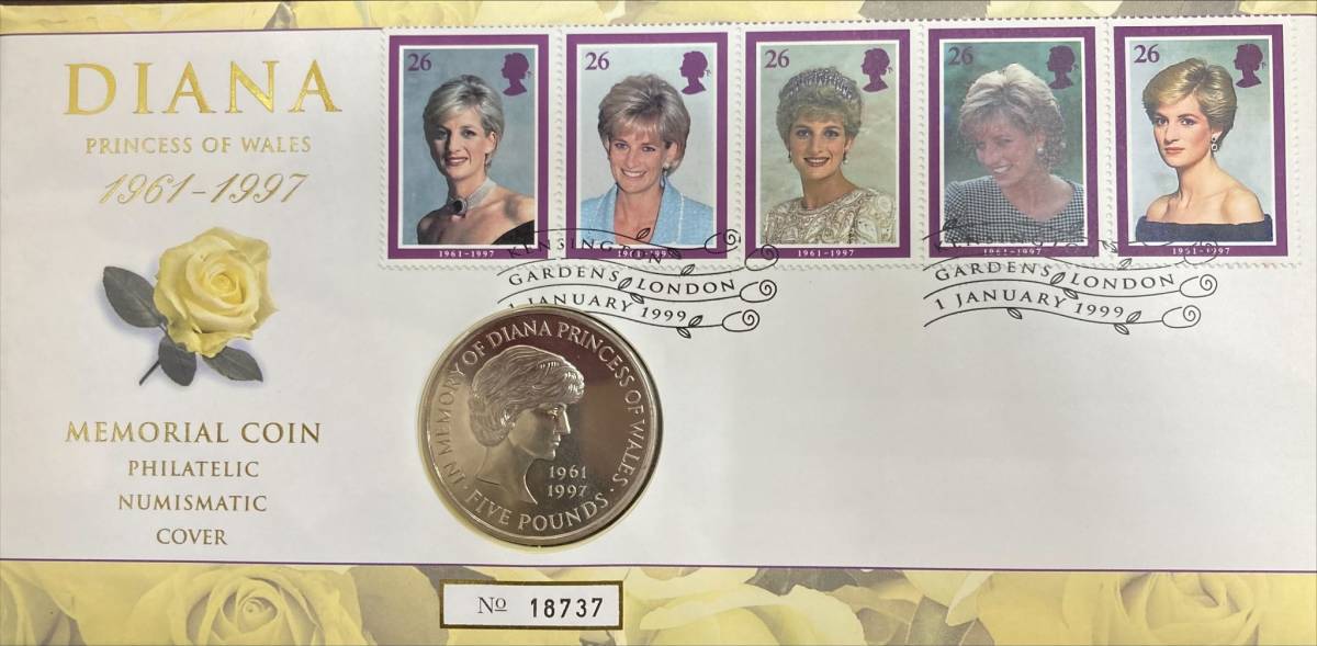 ダイアナ妃追悼5ポンド白銅貨 1995年 メモリアルコイン 切手カバー