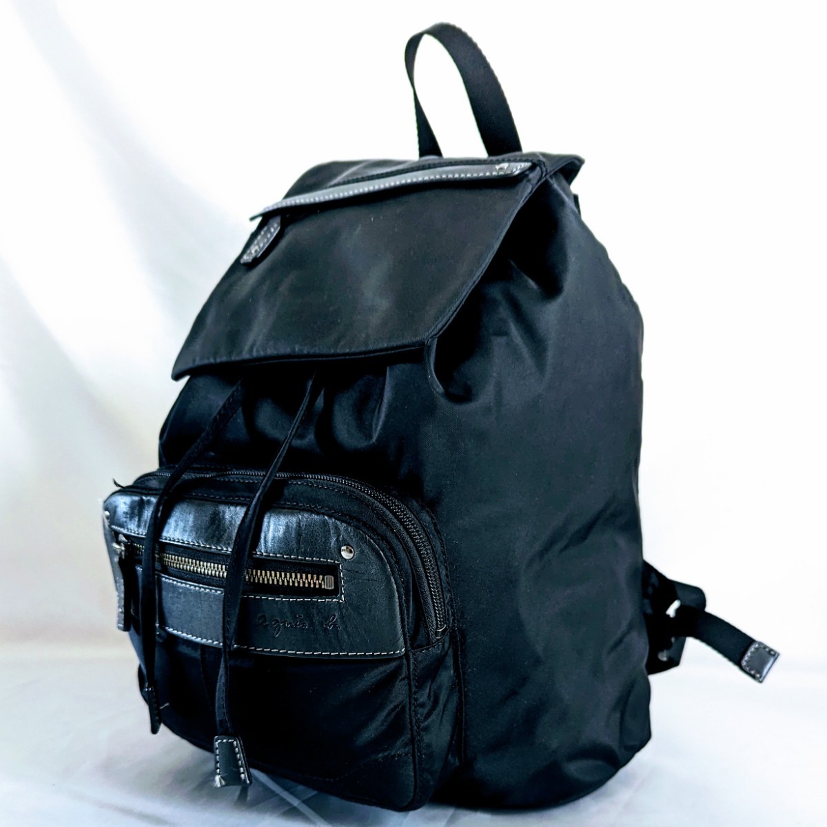 未使用級■アニエスベー ボヤージュ agns b. voyage リュックサック リュック バックパック ナイロン レザー 黒 型押しロゴ 大容量