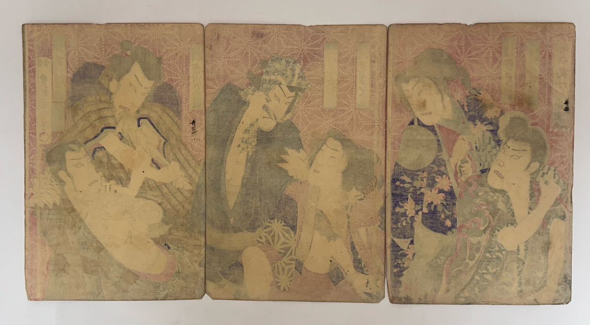 真作】豊原国周「刺青 暗の夜六人白浪 三枚続」本物 浮世絵 大判 錦絵
