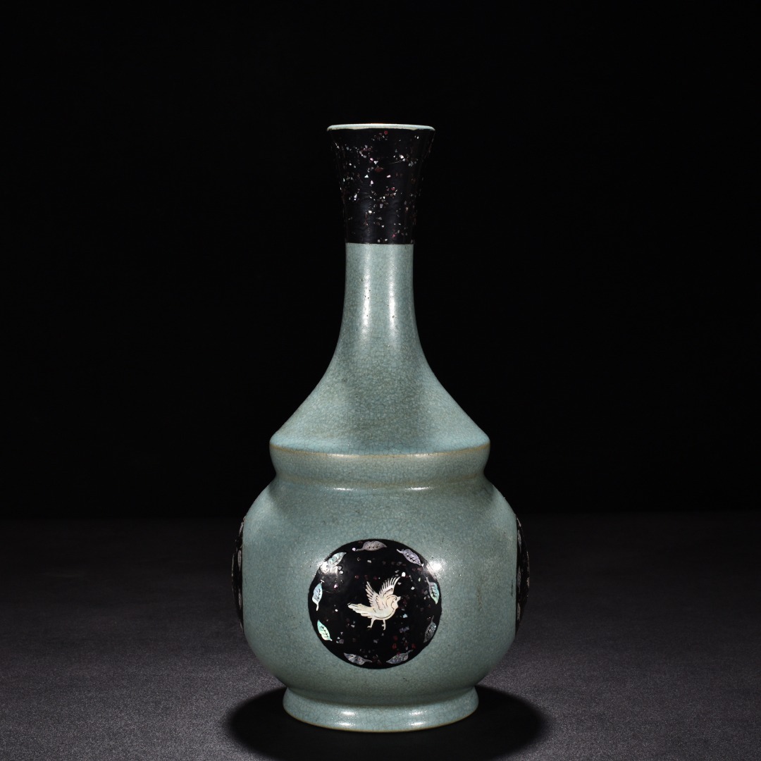 中国宋時代天青釉汝窑冰片纹长颈瓶青磁長頸