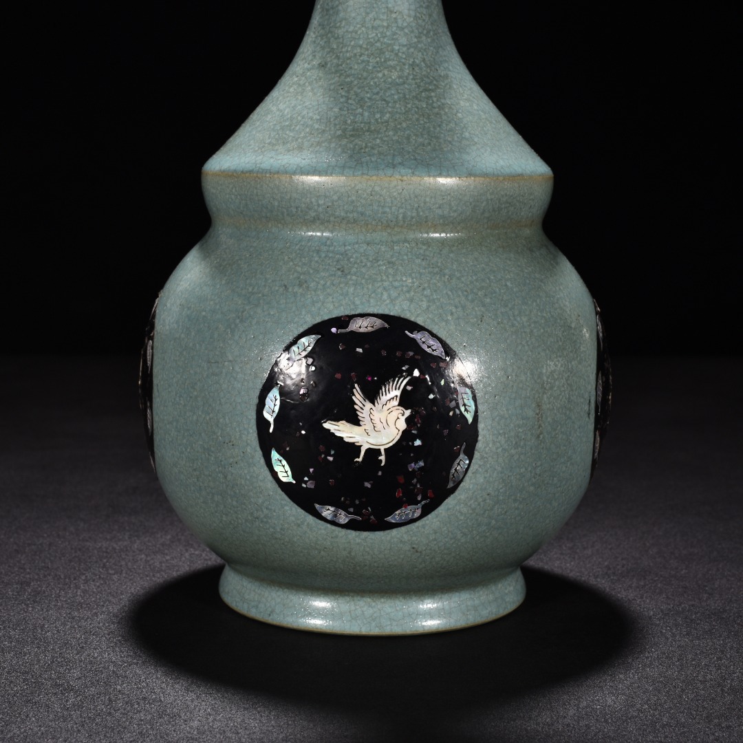 中国宋時代天青釉汝窑冰片纹长颈瓶青磁長頸