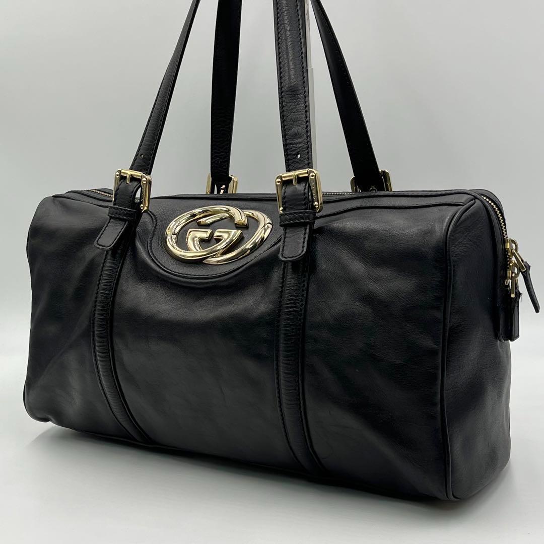 【極美品】GUCCI グッチ インターロッキング ボストンバッグ 肩掛け 大容量 ビジネス GG 金具 レザー 本革 ブラック 黒 メンズ レディース