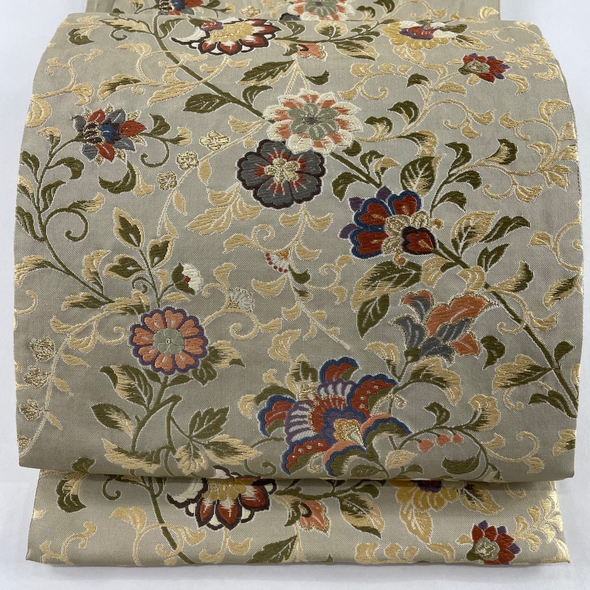 袋帯 美品 名品 花唐草 金糸 灰緑 六通 正絹 【中古】 袋帯 美品 正絹