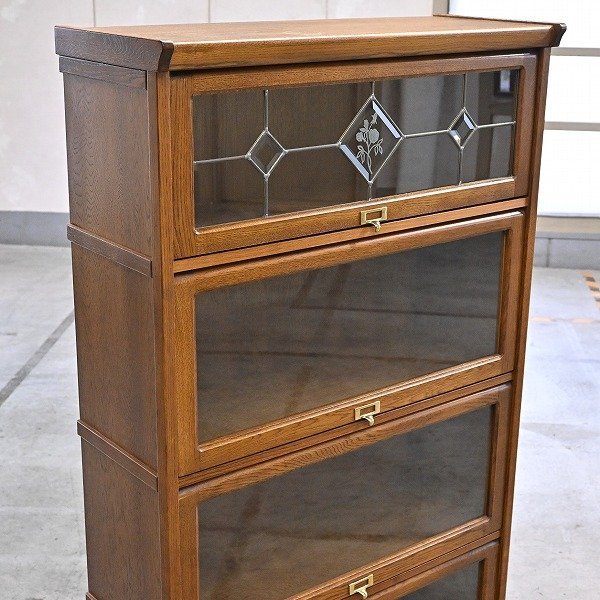 三越ブルージュ キャビネット オーク無垢材 フラップ式 ステンドグラス