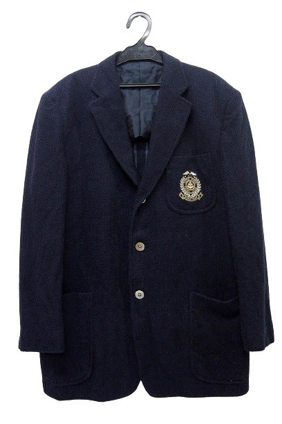 r2_0793 BURBERRYS’ バーバリー 麻混 モール地 シェル3ボタン 金糸エンブレム刺繍 シングル テーラードジャケット 紺ジャケット サイズMA