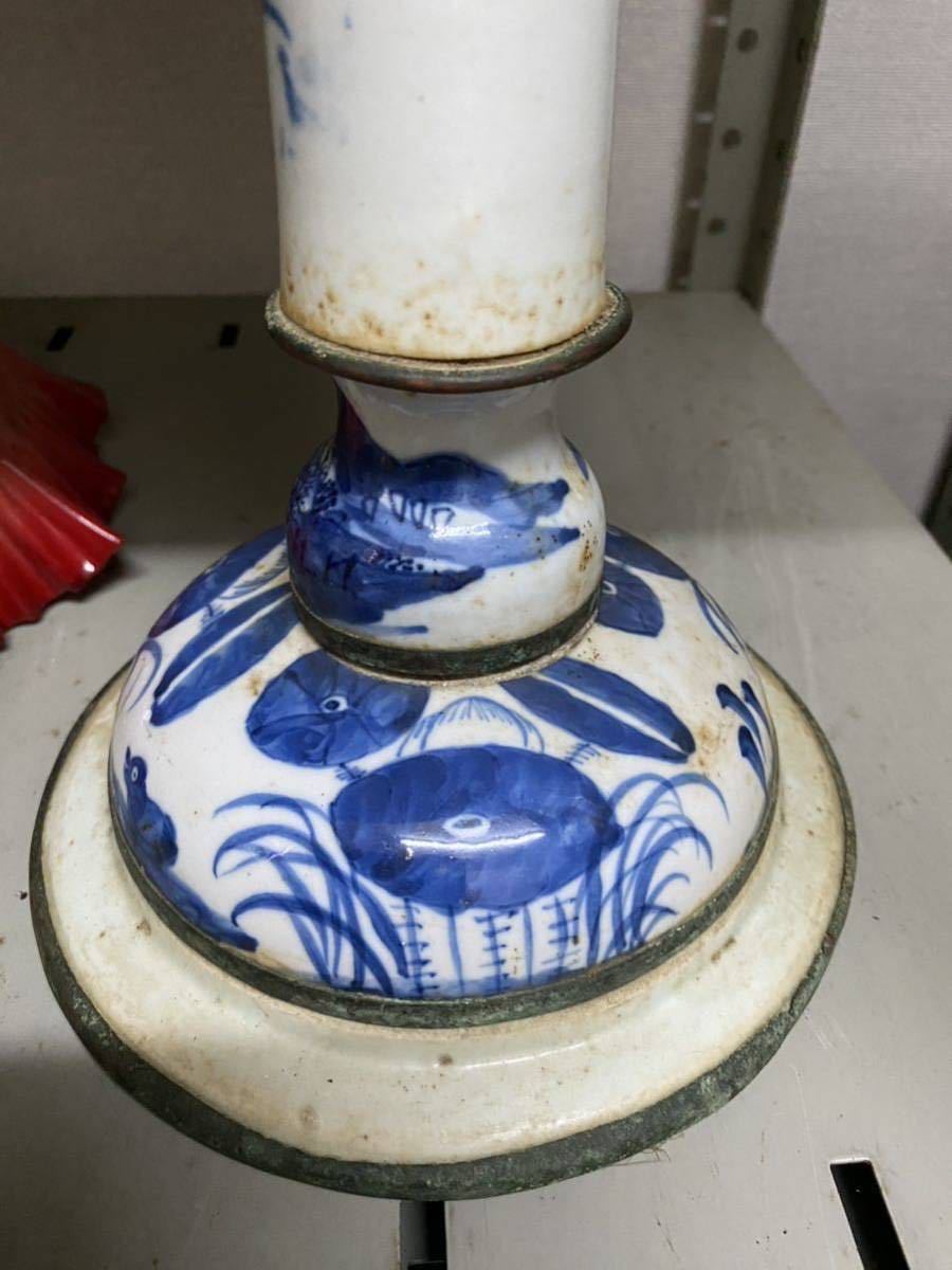 青い花柄の陶器製オイルランプ 古道具 【公式通販】