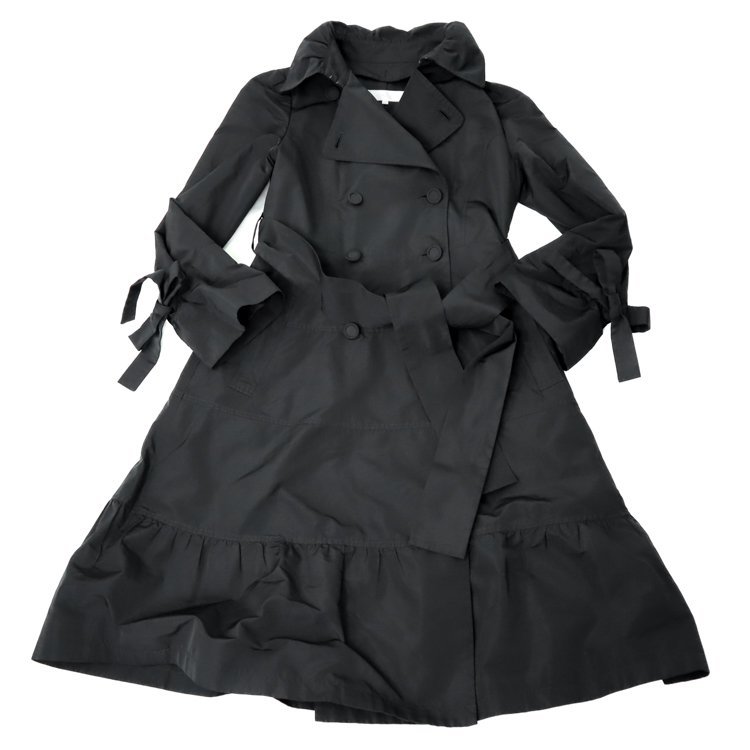 【1円/人気】TO BE CHIC トゥービーシック レディース ライナー付 トレンチコート 40 黒 ロング Aライン フリル襟 袖リボン 裾ペプラム