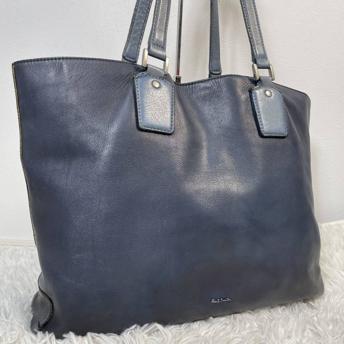 1円 大人気品 ポールスミス Paul Smith トートバッグ ハンド ショルダー ビジネス メンズ レザー 本革 ネイビー 紺 肩掛け A4◎ ロゴ 鞄