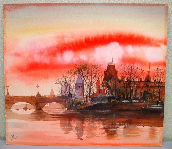 吉本雅生 木版画 「芦ノ湖の富士 夕暮れ」 大人気 吉本雅生 木版画