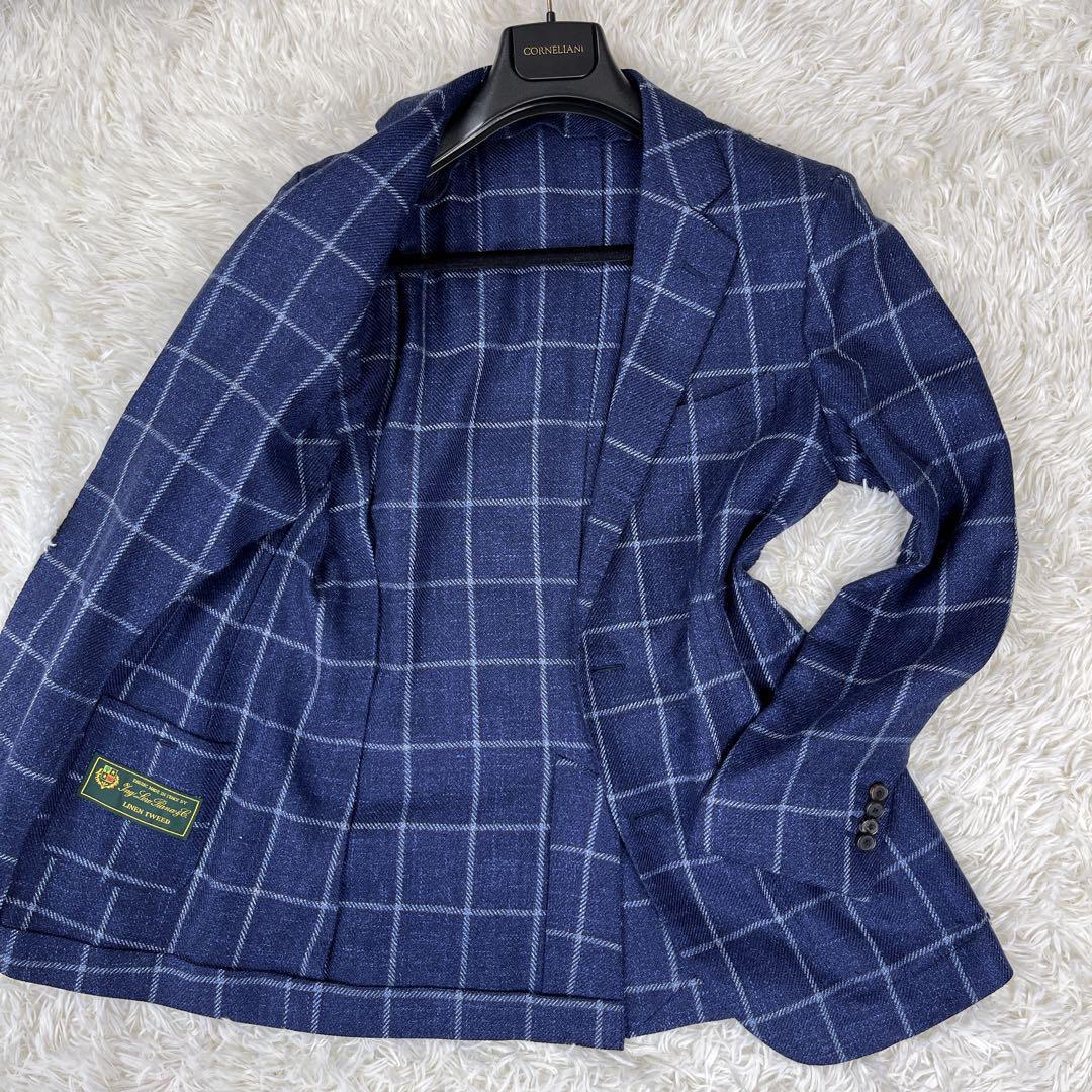 極美品 希少 Lサイズ相当 TOMORROWLAND LOROPIANAトゥモローランド ロロピアーナ テーラードジャケット シルク チェック ツイード ネイビー