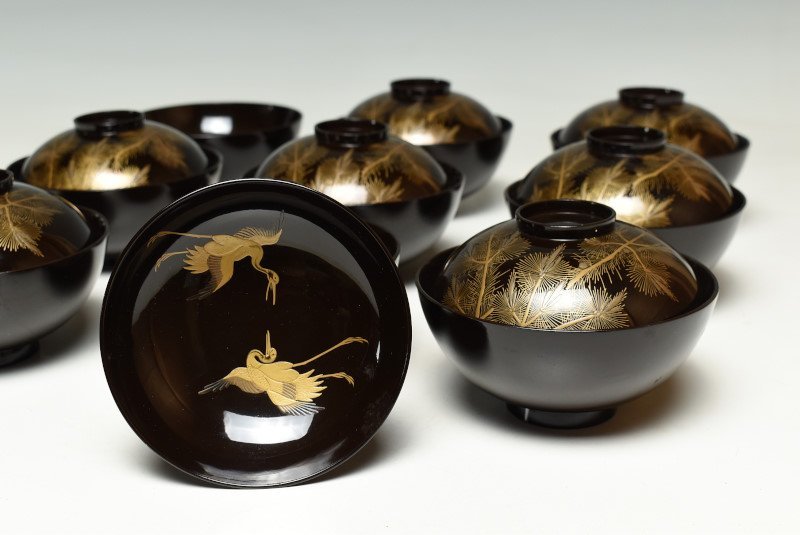 蔵A2497b】木製松鶴文蒔絵 吸物椀 汁椀 蓋物 九客
