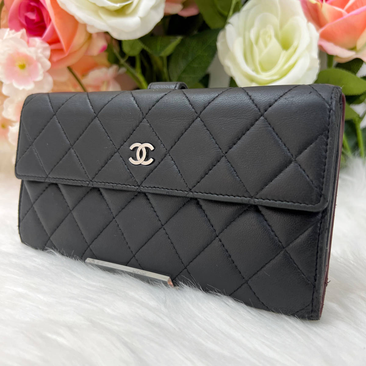 1円スタート シャネル CHANEL マトラッセ ラムスキン 三つ折り財布 