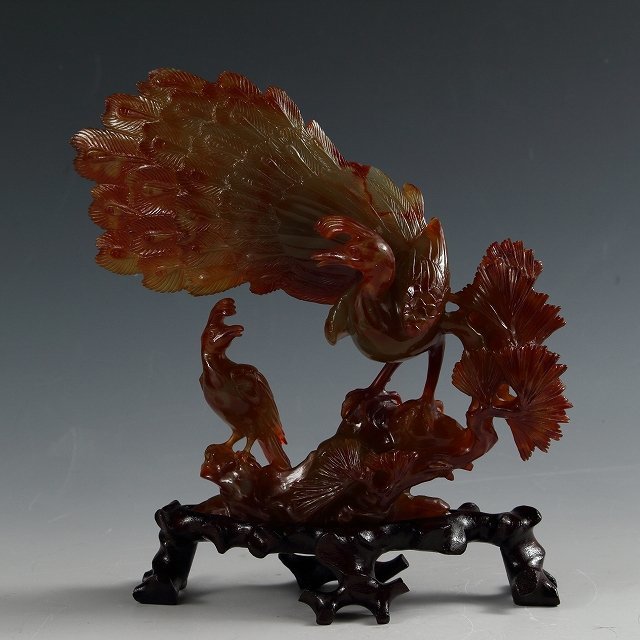 人気セール，品質保証 ◇◇近・現代工芸 天然瑪瑙彫刻/ メノウ 孔雀彫 置物