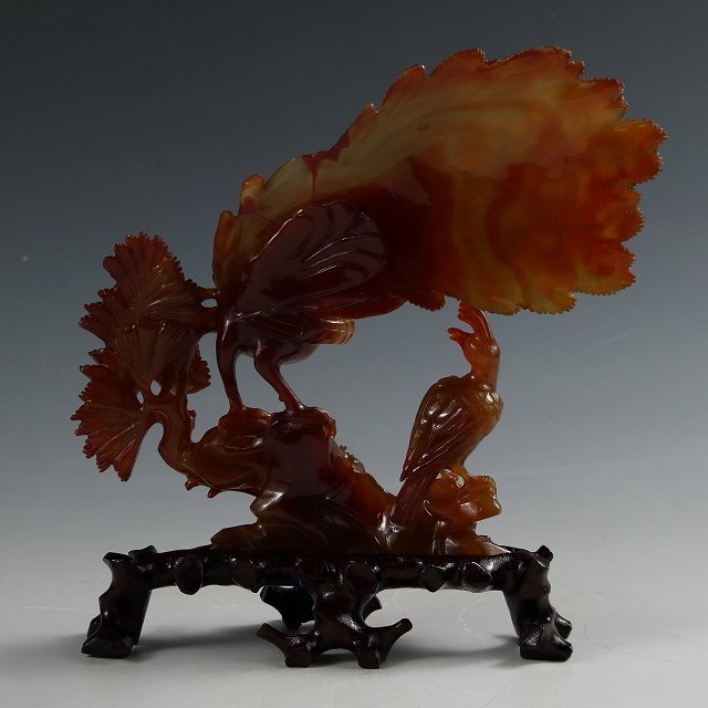 人気セール，品質保証 ◇◇近・現代工芸 天然瑪瑙彫刻/ メノウ 孔雀彫 置物