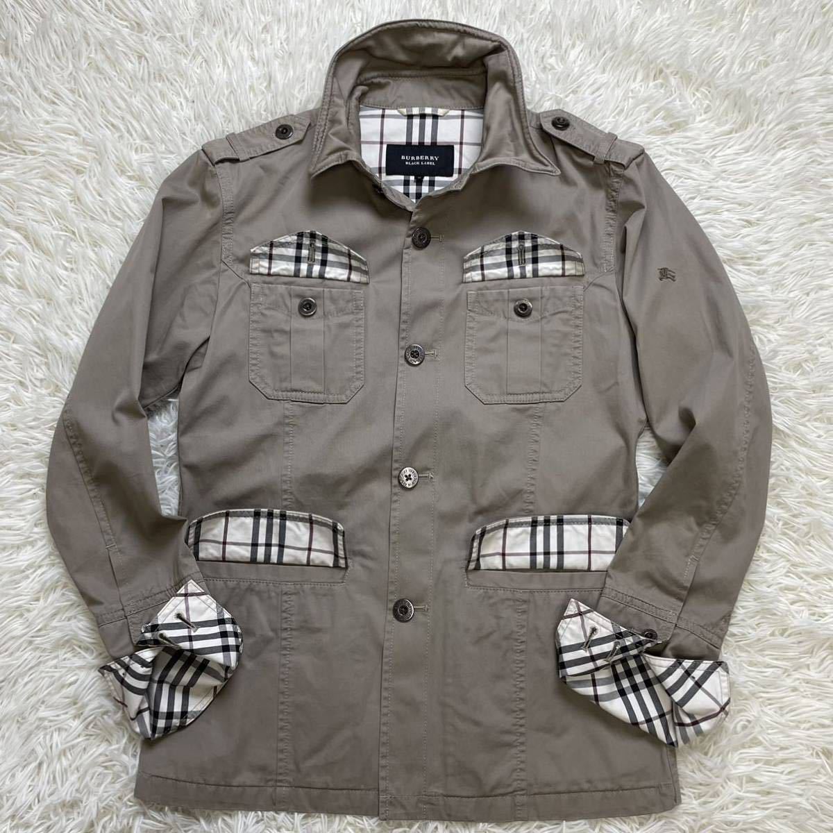BURBERRY BLACK LABEL『襟ワイヤー M-65 メタルボタン』バーバリーブラックレーベル ミリタリージャケット L相当 グレージュ ノバチェック