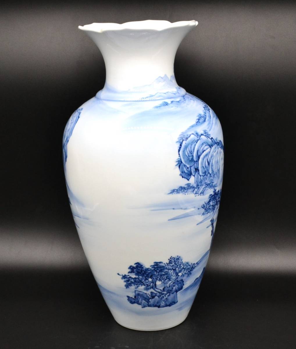 ☆有田焼☆緒方松右衛門 染付 山水 風景 花瓶 花器 高さ約