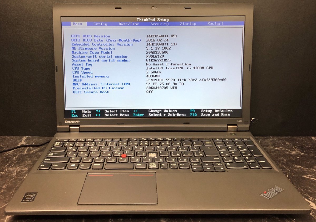 1円～ ■ジャンク LENOVO THINK PAD L540 / Core i5 4300M 2.60GHz / メモリ 4GB / HDD 500GB / DVD / 15.6型 / OS無し / BIOS起動可