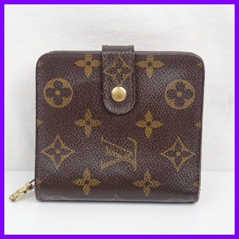 ★Louis Vuitton/ルイヴィトン モノグラム コンパクトジップ 二つ折り財布 M61667/ダークブラウン/レザー/若干難あり&1835300043