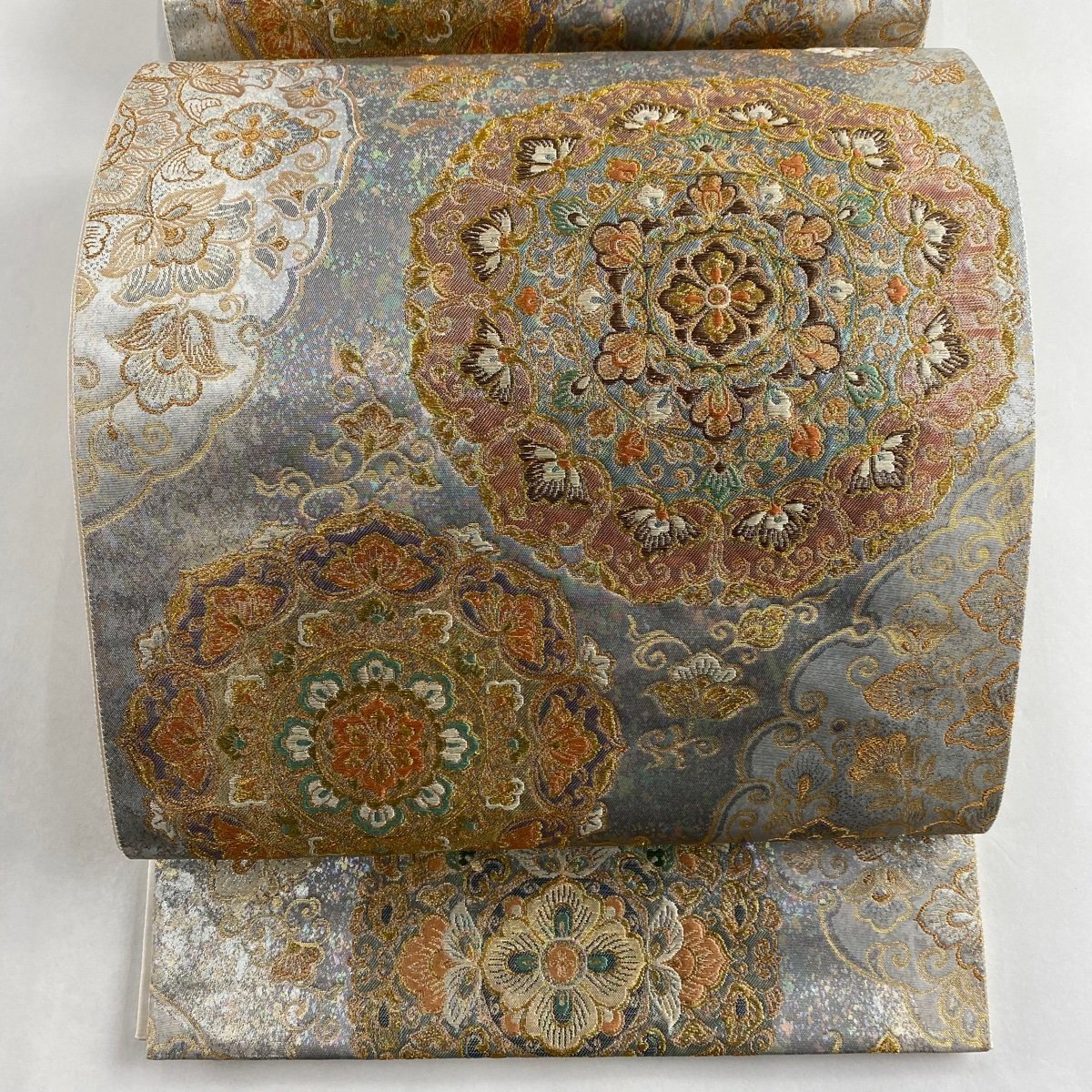 袋帯 美品 秀品 華文 草花 金銀糸 箔 灰紫 六通 正絹 【中古】